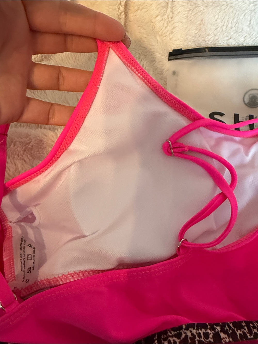SHEIN Neon Pink Leopard Mesh Trim High Waisted Bikini Set Womens Large - Picture 3 of 5
